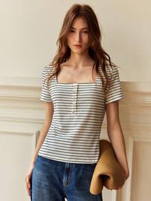 Écloséra Áo thun nữ kẻ sọc đen trắng kiểu dáng thường ngày, áo thun đa năng phong cách retro dành cho nữ, thích hợp cho mùa xuân/hè. - Đen và trắng - Xem 6