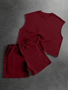 PAVTROS Men's Casual Fashion Street Daily Commute Letter Embossed Loose Tank Top And Drawstring Waist Shorts Set, Summer, Holiday - Red - View 3