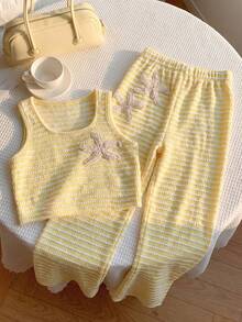 Tween Girls Casual All-Match Versatile Nordic Style Comfortable Knit Sleeveless Cropped Tank Top + Contrast Waistband Sweatpants Set - Yellow - View 3