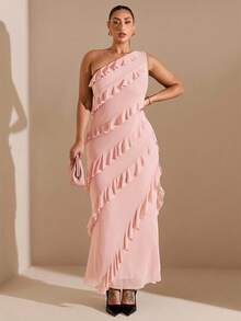 SHEIN BAE Plus Size Women Asymmetric Ruffle Hem Long Dress, Early Autumn - Baby Pink - View 2