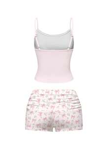 ROMWE Kawaii Bộ đồ ngủ gồm áo hai dây ren và quần short xếp ly in hình thỏ, bướm và hoa dễ thương và duyên dáng, thích hợp mặc ở nhà. - Hồng - Xem 2