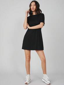 SHEIN BASICS 大码休闲纯色短袖连衣裙，夏季 - 黑色 - 查看 3
