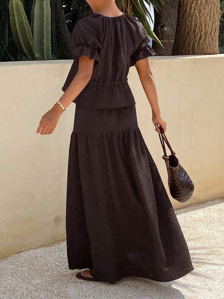 Casual Drawstring V-Neck Top And Elastic Waist Loose Skirt Set