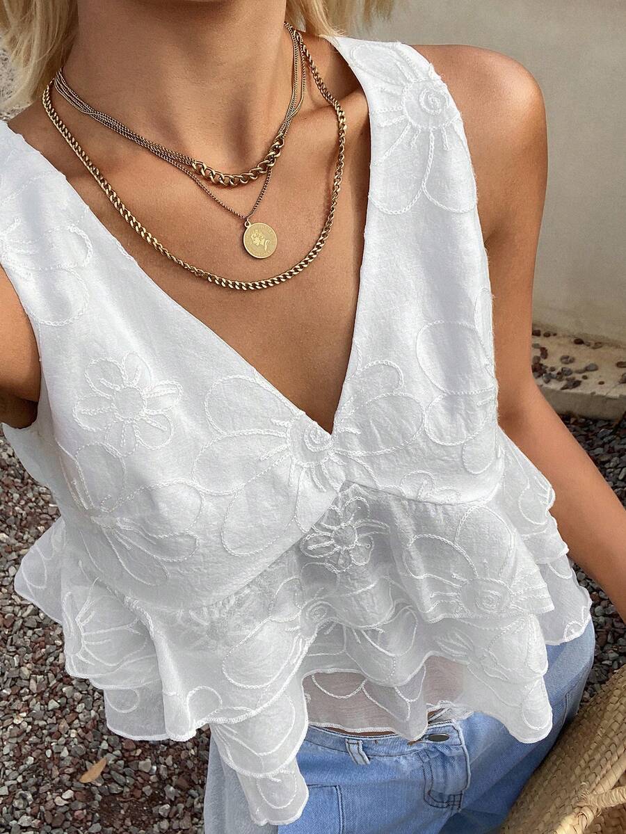 Livesso Camiseta de mujer con estampado floral, textura y volante en el bajo - Beis - Ver 1