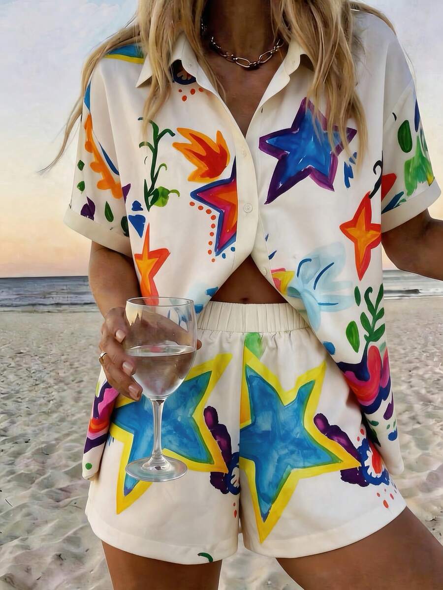 Vaclyn Women's All-Over Print Front Button Short Sleeve Top And Elastic Waist Shorts Casual Suit - Khaki - View 1