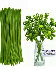 100/200/300 根绿色雪尼尔绒条，适用于 DIY 手工艺品、花艺摆设、创意礼品、派对装饰等软工艺用品 - 彩色 - 查看 1