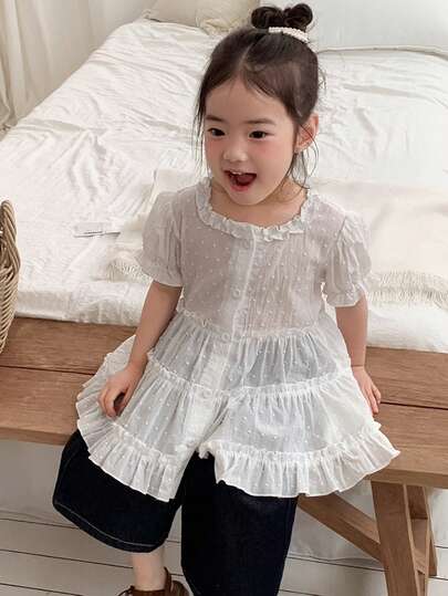 DAZY Baby Girl Solid Color Ruffle Hem Round Neck Short Sleeve Top, Fresh And Breezy For Spring/Summer