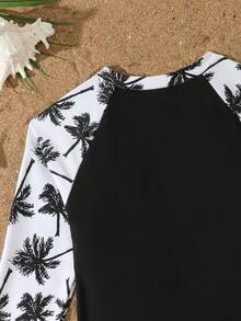 SHEIN 少女两件套泳衣，时尚优雅的棕榈树印花针织上衣（带拉链）和泳裤，适合游泳、夏季度假、海滩、泳池、节日派对等场合。 - 黑與白 - 查看 5