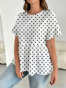 SHEIN Essnce Plus Size Women Round Neck Ruffle Trim Short Sleeve Blouse, Summer Zipper Top Ruffle Sleeve Top Pear Shape Outfits Polka Dot Top Outfits To Hide Belly Fat - White - View 4