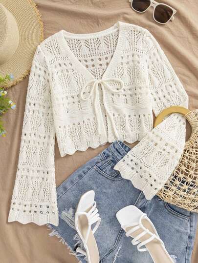 Attitoon Áo khoác cardigan nữ màu trơn cổ chữ V khoét lỗ, xoắn phía trước, tay dài, mỏng, kiểu dáng thường ngày.