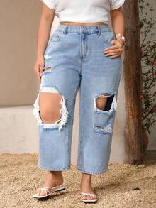 EMERY ROSE Große Größen Lässig Destroyed Waschung Schrägtasche Jeans - Helle Waschung - Übersicht 5