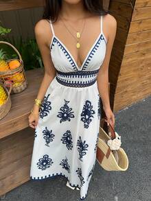 Serisse Women's Casual Vacation Printed Spaghetti Strap Mid-Length Dress - Blue and White - View 1