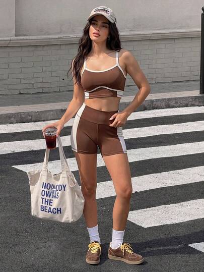 Muchica Blue And White Contrasting Patchwork Strips Hollow High Waist Women Sports Sets