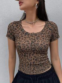 Dazy Star Women's Leopard Print Button Half-Placket Short Sleeve T-Shirt - Multicolor - View 4