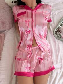 Conjunto de pijama con cárdigan de cuello con lazo y estampado de rayas, dulce y lindo, vibrante y romántico para mujeres - Rosa Fucsia - Ver 4