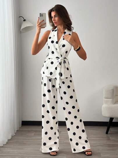 EURMUSE Dwuczęściowy komplet damski w czarno-białe kropki – bezrękawnik z kopertowym przodem i spodnie z wysokim stanem i szerokimi nogawkami, komplet, lekki, drukowany, marszczony materiał, szykowny strój na lato, wygodny, luźny krój