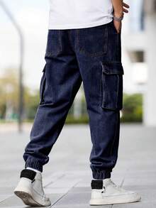 Manfinity Homme Plus Size Men's Drawstring Waist Pockets Cargo Denim Jogger Pants - Dark Wash - View 2