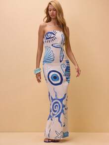 Musera Resort Linen Feel Cover Up Patterned Maxi Dress Holiday Summer Vacation Boho Sexy Beach Golf Days Greece Resort Thalassa White - Multicolor - View 5