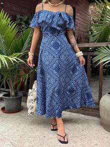 DAZY 女士露肩印花休闲派对连衣裙 - 藍色 - 查看 4