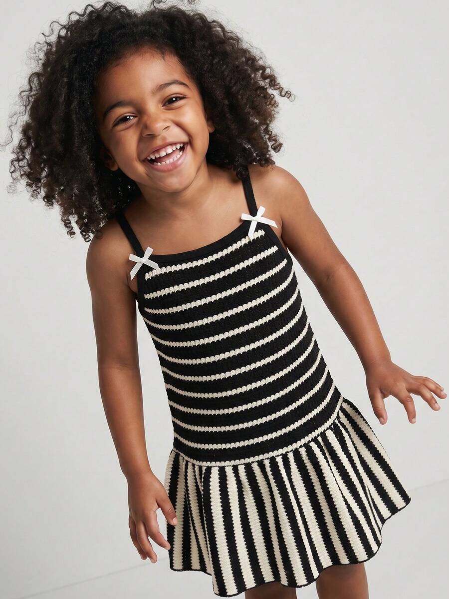 Maija Kids Maija Kids 1 pieza Vestido de tirantes casual y elegante con lazo blanco y rayas blancas y negras para niñas y jóvenes, adecuado para uso diario, vuelta al colegio, salidas, reuniones, festivales, primavera y verano - Blanco y Negro - Ver 1