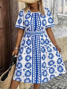 Breezaya Vestido elegante de talla grande para mujer con cuello redondo, estampado retro y cintura ceñida, diseño sencillo adecuado para citas, reuniones, salidas y vacaciones - Azul - Ver 3