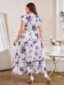 Reflora Đầm dự tiệc cổ chữ V in hoa dành cho nữ cỡ lớn - Màu tím - Xem 3
