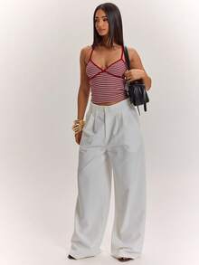 SHEIN BAE Áo camisole lửng ôm dáng, thoải mái, phù hợp cho nữ mùa hè, đi nghỉ mát và đi làm, in họa tiết sọc tương phản. - Đỏ - Xem 3