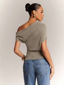 Hauture Women's Office Casual Dialy Simple Off Shoulder Wool Like Knit Ruched Top - Khaki - View 2