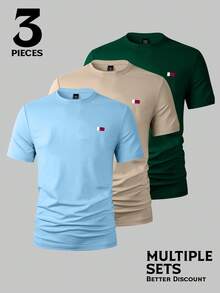 NEOREFINED Set de 3 camisetas de manga corta de corte slim y minimalistas para hombres, con estampado gráfico simple en el pecho, camisetas versátiles y combinables - Verde Oscuro - Ver 1