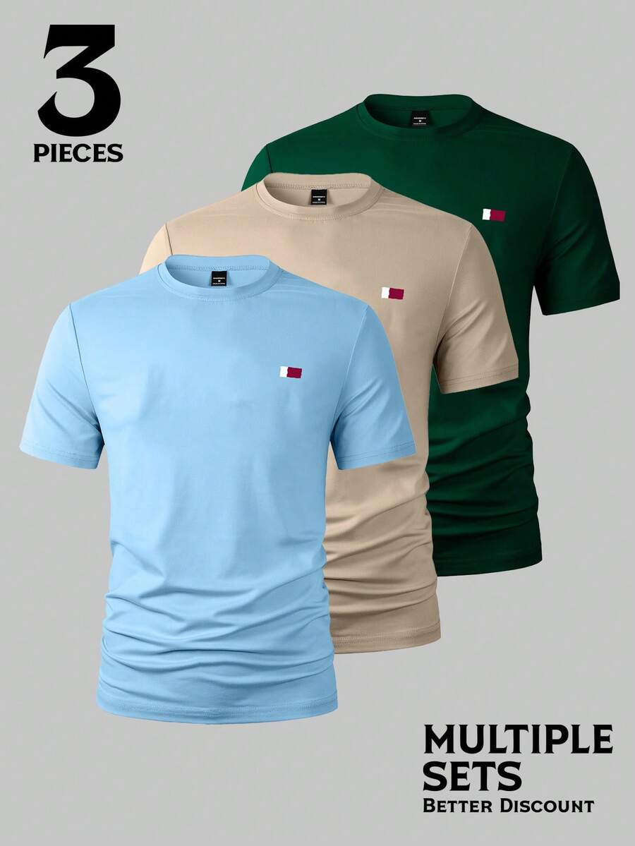 NEOREFINED Set de 3 camisetas de manga corta de corte slim y minimalistas para hombres, con estampado gráfico simple en el pecho, camisetas versátiles y combinables - Verde Oscuro - Ver 1