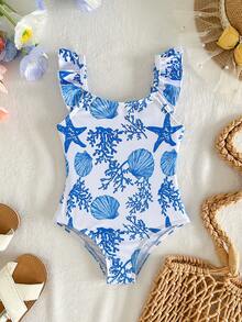 SHEIN Holiday Baby Girls One-Piece Swimsuit,Vintage Cute Colorful Shell Starfish Pattern Camisole Swimwear,Tropical Beach Vacation Photo Shoot Matching - Blue - View 2