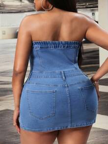 Slaydiva Plus Size Women's Denim Halter Dress With Button - Medium Wash - View 2