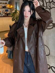 DAZY 女款純色PU皮革長袖雙排扣休閒夾克校園風 - 咖啡棕 - 查看 4