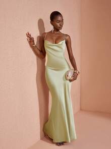 JIAN LASALA Elegant Sexy Satin Spaghetti Straps Drape Neck Sleeveless Mermaid Maxi Dress Wedding Party Sage Green Summer - Green - View 8