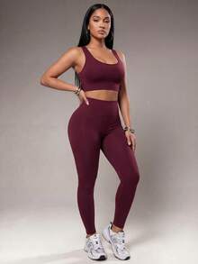 Radiana Conjunto de entrenamiento sin costuras de color rojo bronceado, con alto soporte, secado rápido, ropa deportiva diaria, yoga, entrenamiento HIIT, de oficina al gimnasio, mallas, ropa deportiva de otoño, sujetador, pantalones de compresión, control del abdomen, figura favorecedora, cardio, running, ejercicio al aire libre, saludable, listo para TT, Reel de IG, OOTD, conjunto de fitness de mamá trabajadora de 2 piezas, equipo de rendimiento atlético - Burdeos - Ver 5