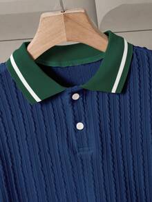 SHEIN 2 piezas Conjunto de Caballero para Niño Preadolescente, Camisa Polo de Manga Corta + Pantalón Largo, Conjunto Formal Elegante para Fiesta de Cumpleaños, Boda, Aniversario, Graduación - Azul Marino - Ver 8