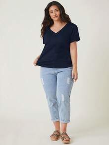 SHEIN BASICS Áo thun nữ cỡ lớn, cổ chữ V, tay ngắn, màu trơn, kiểu dáng thường ngày, đa năng. - Màu xanh hải quân - Xem 3