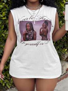 Slaydiva Women's White Summer Casual Rave Holiday Graphic Vintage Portrait Letter Print Sleeveless Tank Top Crew Neck Longline Plus Size Vest Retro Streetwear - White - View 7