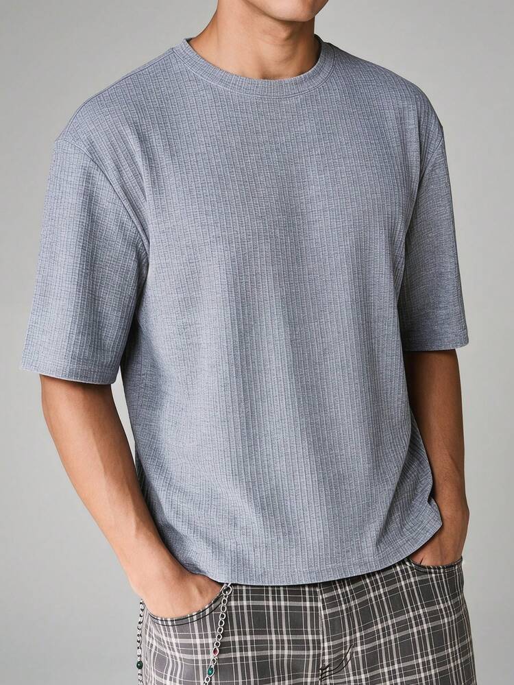 Maglietta casual a maniche corte con girocollo a costine, oversize, a trama lavorata, vestibilità rilassata, basic da uomo per l'estate