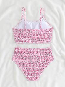 SHEIN 少女花卉印花比基尼套裝，可愛白色夏季海灘度假假日甜美可調肩帶坦克比基尼上衣搭配三角泳褲，適合游泳池派對 - 粉色 - 查看 2