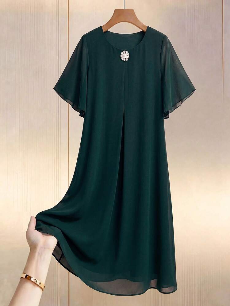 Elegant Round Neck Rhinestone Decorated Dress For Middle-Aged & Elderly Women,Summer Dress,Festival Outfits For Women,Going Out Dress, Classic Dresses For Ladies Formal Dress For Women Elegant Dress For Women Midi Dress For Women Mother Of The Bride Dress,Elegant Women's Dress,Green Dress