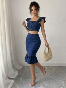 Elenzga Bộ đồ denim ôm sát dành cho nữ, gồm áo và chân váy denim ôm sát có bèo nhún, viền bèo. - Rửa trung bình - Xem 4