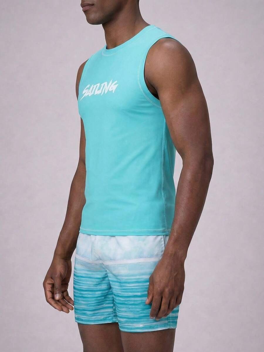 Surfspeed 2pcs Men Letter Printed Tank Top And Shorts Swimming Trunks Set,Hawaiian - Teal Blue - View 1