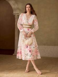MOTF PREMIUM WOMEN'S V-NECK DITSY FLORAL WAIST CINCHED CONTRAST LACE DRESS - White - View 4