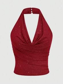 Vibekara Áo tank top dáng ngắn hở lưng, cổ yếm, cỡ lớn, thanh lịch cho mùa hè - Đỏ - Xem 1