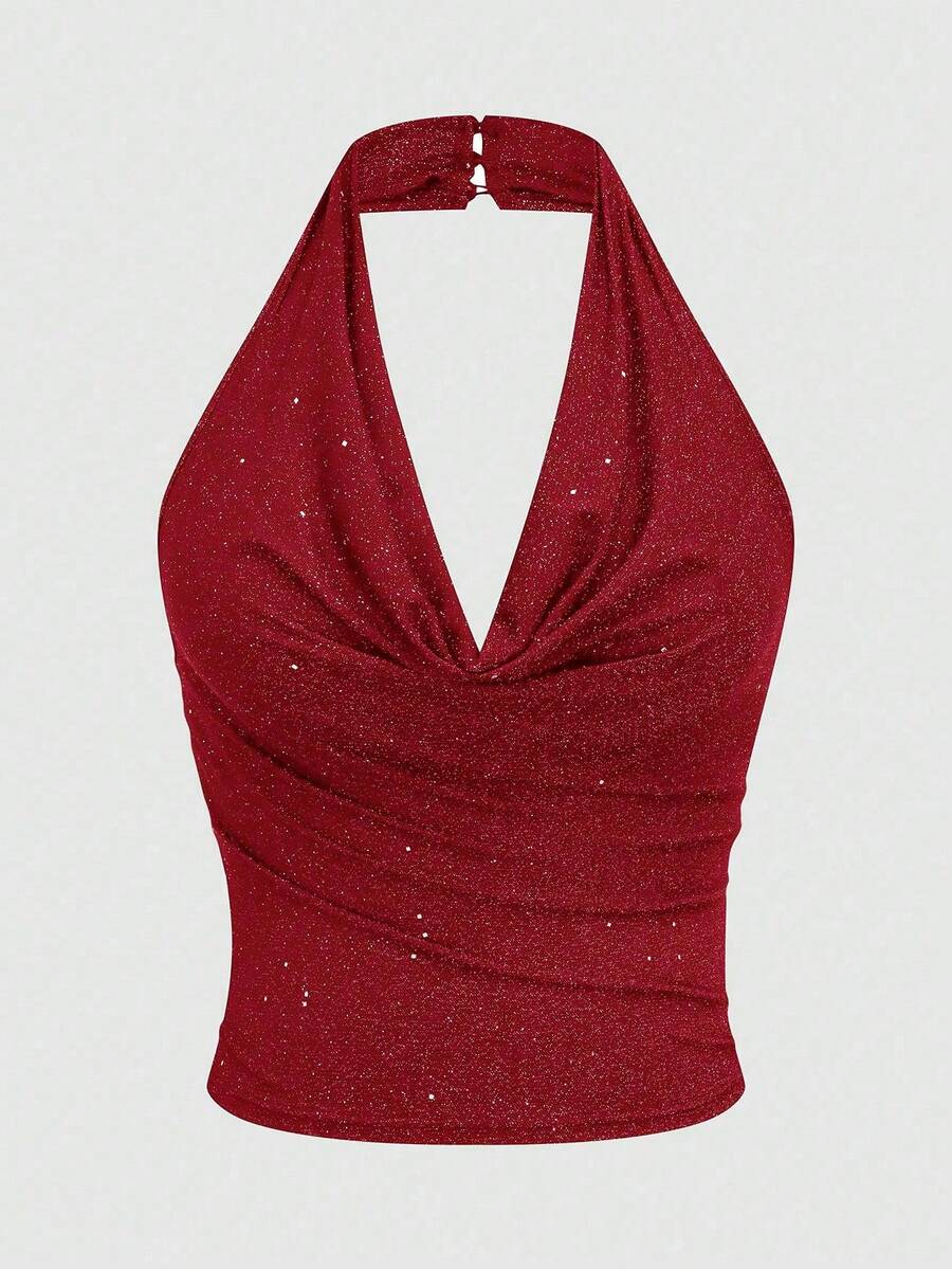Vibekara Áo tank top dáng ngắn hở lưng, cổ yếm, cỡ lớn, thanh lịch cho mùa hè - Đỏ - Xem 1