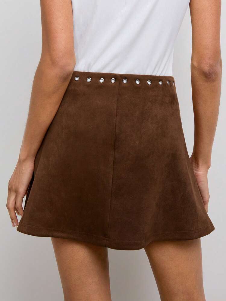 SHEIN Maija Women's Rivet Decor Casual Mini Skirt,All Shades Of Brown Autumn Western Date Outing Festival Outfit,Modern Metallic Elements Brown Versatile Skirt