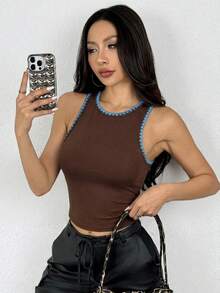 Comfortcana Casual Minimalist Blue Shell Embroidered Brown Cropped Sexy Tight Camisole, Versatile Style Suitable For Summer - Coffee Brown - View 6