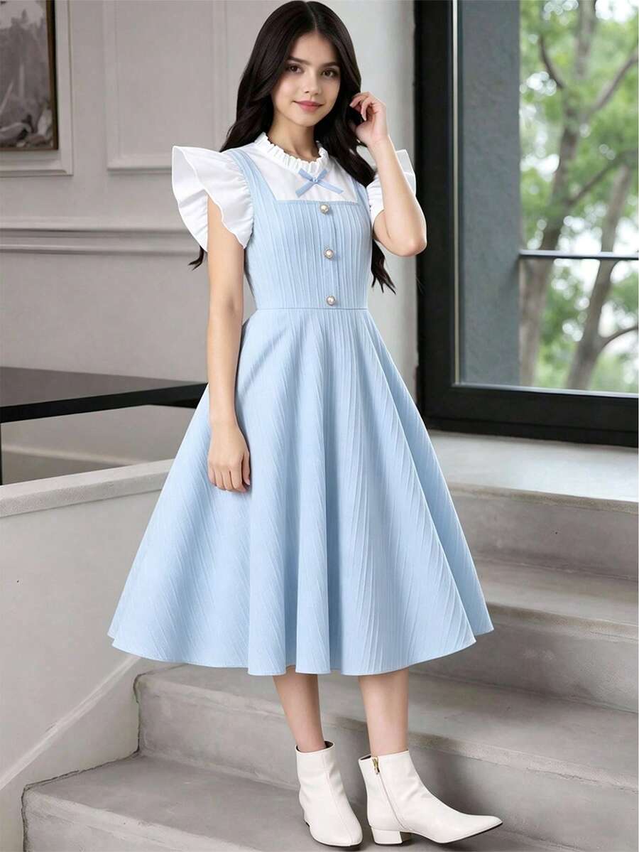 SHEIN 1件女童优雅荷叶边领短袖撞色修身连衣裙,质感面料,适合春夏旅行、度假或正式场合 - 藍色 - 查看 1