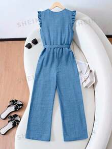 SHEIN Tween Girls' Elegant Minimalist Jumpsuit, Blue Textured Fabric, Round Neck Sleeveless Frill Trim Jumpsuit, Suitable For Vacation And Commute - Blue - View 2